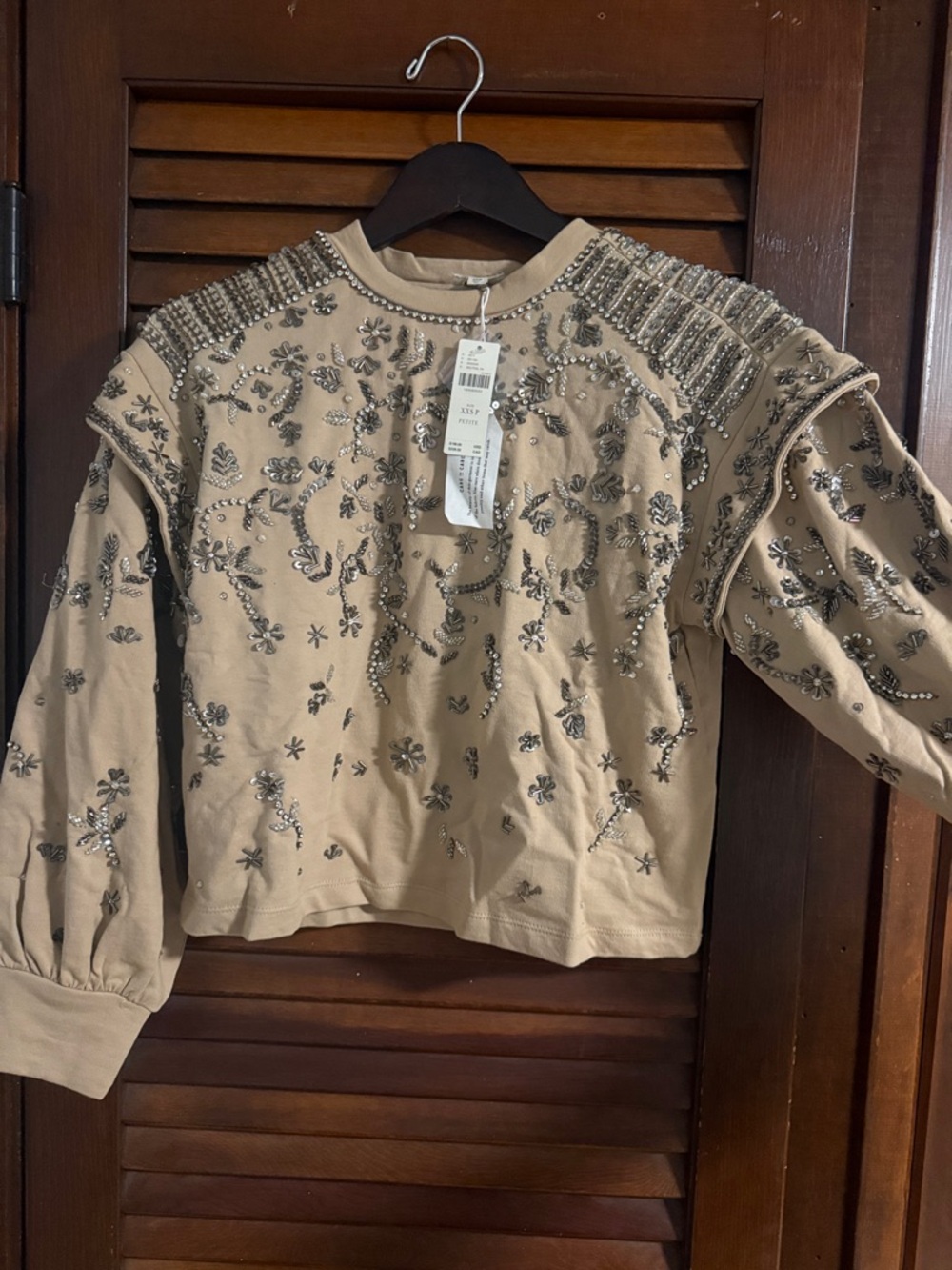 Anthropologie Beige Embellished Beaded Sweatshirt